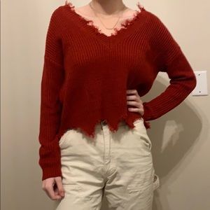 Red frayed edge sweater
